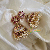 Premium AD Stone Jhumkas -Red White-Pearl G10403