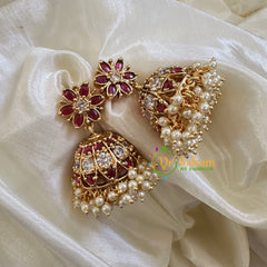 Premium AD Stone Jhumkas -Red White-Pearl G10403