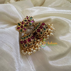 Premium AD Stone Jhumkas -Red Green- G10404