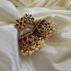 Premium AD Stone Jhumkas -Red Green- G10404