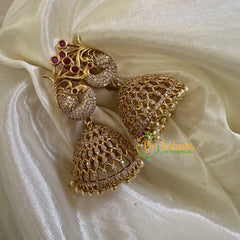 Premium Peacock AD Stone Jhumkas -White Red- G10408