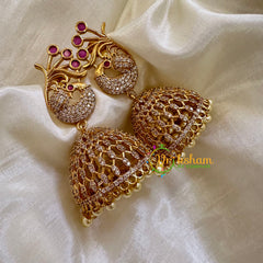 Premium Peacock AD Stone Jhumkas -White Red- G10408