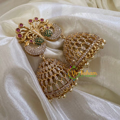 Premium Peacock AD Stone Jhumkas -Red Green- G10436