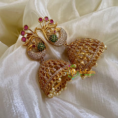 Premium Peacock AD Stone Jhumkas -Red Green- G10436