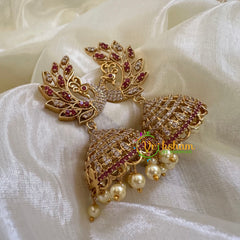Premium Peaock AD Stone Jhumkas -Red White- G10433