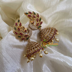Premium Peacock AD Stone Jhumkas-Red Green - G10432