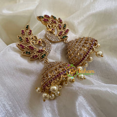 Premium Peacock AD Stone Jhumkas-Red Green - G10432