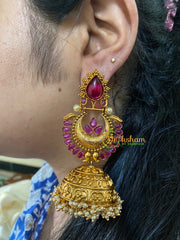 Premium Stone Traditional Jumbo Jhumkas-Red-G3123
