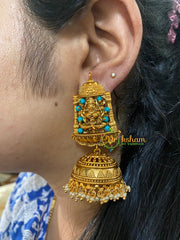 Beaded Traditional Lakshmi Temple Jhumkas-Light Blue-G3133