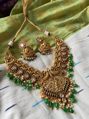 Premium Maanga Temple Short Neckpiece -Lakshmi -Red Green -G826