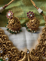 Premium Maanga Temple Short Neckpiece -Lakshmi -Red Green -G826