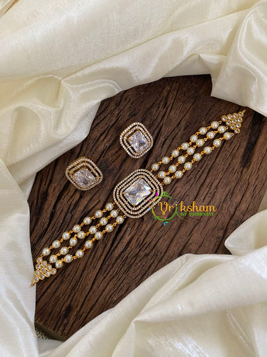 Layered Pearl Victorian Diamond High Neck Choker-White-Square-VV950