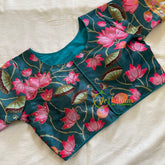 Teal Green Lotus Printed Cotton Silk Blouse -VS3060