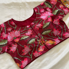 Maroonish Red Lotus Printed Cotton Silk Blouse -VS3071