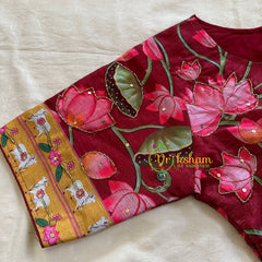 Maroonish Red Lotus Printed Cotton Silk Blouse -VS3071