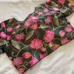 Olive Green Lotus Printed Cotton Silk Blouse -VS3070