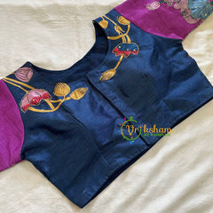 Indigo Blue with Purple Printed Cotton Silk Blouse -VS3068