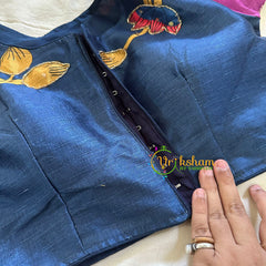 Indigo Blue with Purple Printed Cotton Silk Blouse -VS3068