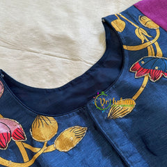 Indigo Blue with Purple Printed Cotton Silk Blouse -VS3068