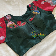 Bottle Green with Maroon Printed Cotton Silk Blouse -VS3065