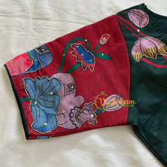 Bottle Green with Maroon Printed Cotton Silk Blouse -VS3065