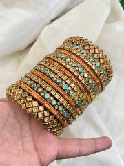 Orange Blue Silk Thread Kundan Bridal Bangle-G4798