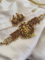 Antique Cluster Pearl Lakshmi High Neck Choker-Red Green-G5970