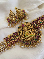 Antique Cluster Pearl Lakshmi High Neck Choker-Red Green-G5970