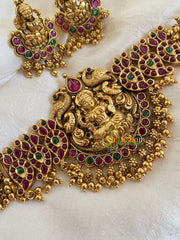 Antique Ghungroo Lakshmi High Neck Choker-Red Green-G5971