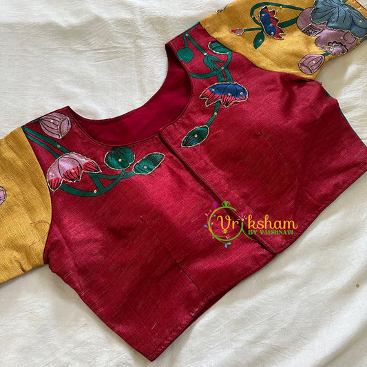 Maroon with Yellow Printed Cotton Silk Blouse  -VS3063