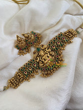 Antique Ghungroo Lakshmi High Neck Choker-Green Red-G5972
