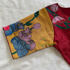 Maroon with Yellow Printed Cotton Silk Blouse -VS3063