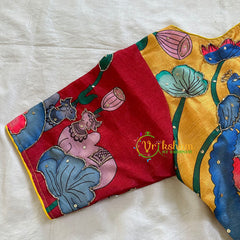 Yellow with Maroon Printed Cotton Silk Blouse -VS3062