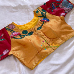 Yellow with Maroon Printed Cotton Silk Blouse -VS3062