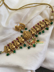 Premium Antique Lakshmi High Neck Choker-Red-Green Bead-G5975