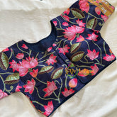 Dark Blue Lotus Printed Cotton Silk Blouse-Readymade Blouse -VS3061