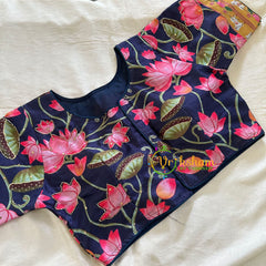 Dark Blue Lotus Printed Cotton Silk Blouse-Readymade Blouse -VS3061