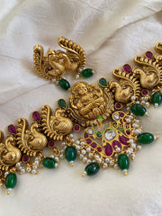 Premium Antique Lakshmi High Neck Choker-Red-Green Bead-G5975