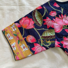 Dark Blue Lotus Printed Cotton Silk Blouse-Readymade Blouse -VS3061