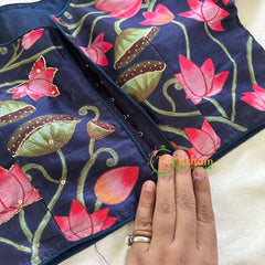 Dark Blue Lotus Printed Cotton Silk Blouse-Readymade Blouse -VS3061