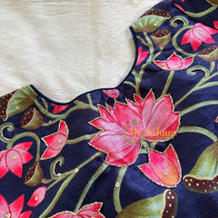 Dark Blue Lotus Printed Cotton Silk Blouse-Readymade Blouse -VS3061