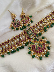 Premium High Neck Choker - Red Green-Green Bead -G5977