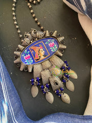 Silver Look Alike Pendant Afghani Chain Neckpiece-Blue -S300