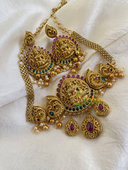 Premium AD Stone Lakshmi High Neck Choker-Red Green-G5999