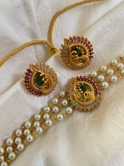 Gold look alike Pearl High Neck Choker-Peacock -Red Green-G6014
