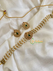 Gold look alike Pearl High Neck Choker-Peacock -Green White-G6015