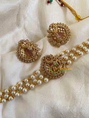 Gold look alike Pearl High Neck Choker-Peacock -White-G6017