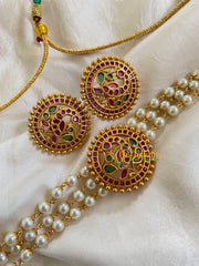 Gold look alike Pearl High Neck Choker-Round Peacock -Red Green-G6023