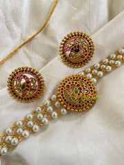 Gold look alike Pearl High Neck Choker-Round Peacock -Red Green White-G6024