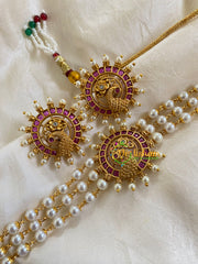 Gold look alike Pearl High Neck Choker-Round Peacock -Red-G6025